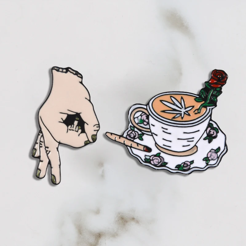 

Middle Finger Rose Coffee Brooches and Pins Enamel Pin Badges Lapel Pins Buckle Hand Sign Ok Signal Gesture and Coffee Brooch