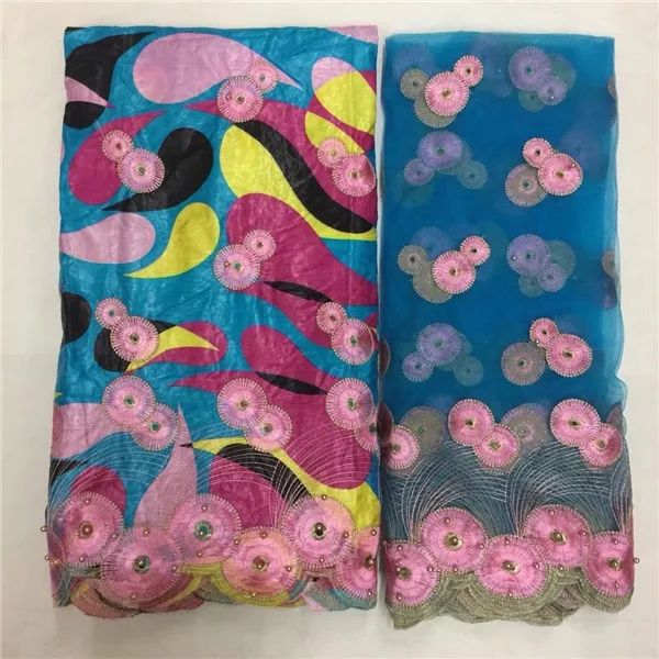 

Beautiful colorful design beaded African cotton bazin lace fabric with 2 yards French net lace material WBN4