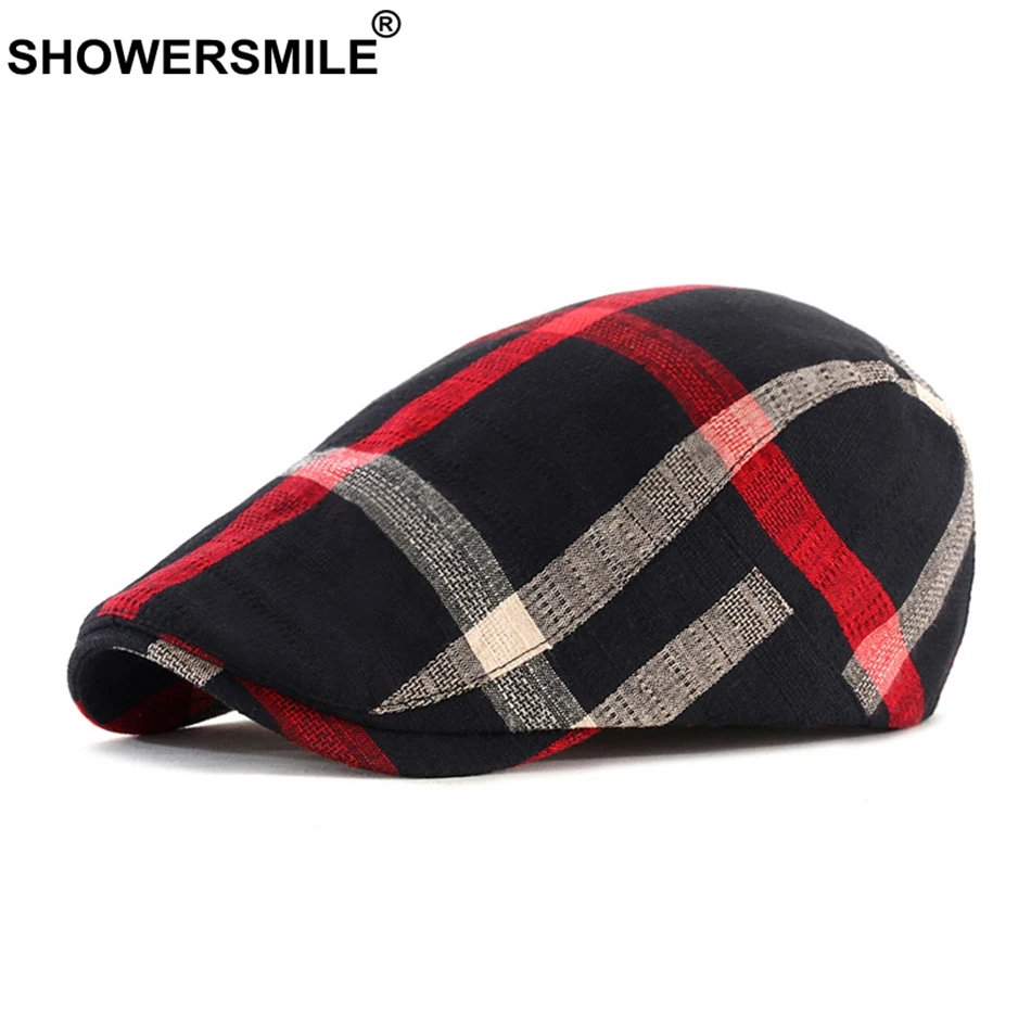SHOWERSMILE, клетчатый мужской берет, хлопок, лен, красный цвет, плоская шапка, мужская, весна-осень, цветная шапка-Утконос, Классические Кепки для езды и кепки