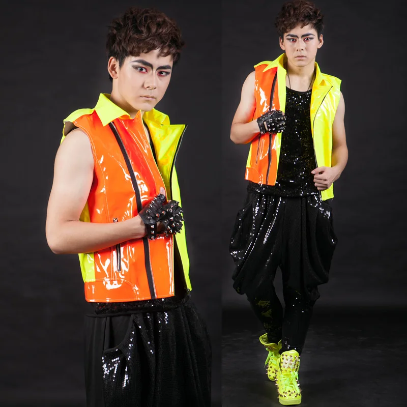 

XS-5XL!!! 2018 Fashion men's clothing personalized neon color block motorcycle vest costumes costume The singer's clothing