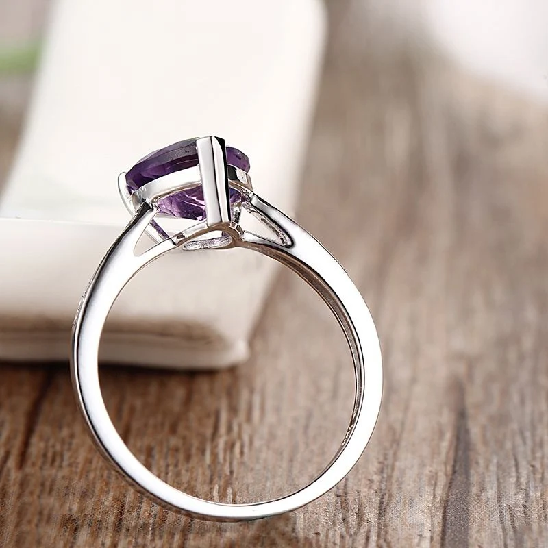 Сердце Вырезать 8x8 мм 1.6ct натуральная аметист, серебро 925 натуральные бриллианты Обручение Свадебные Для женщин Мода Fine Jewelry кольцо