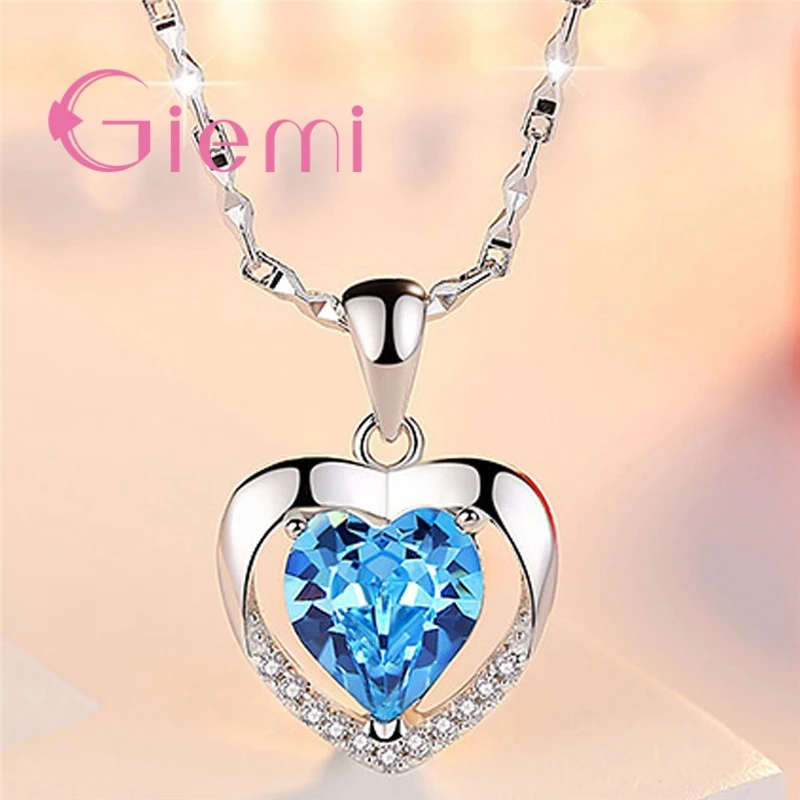 

Top Quality 925 Sterling Silver Pendant Necklace For Women Girl Casual Anniversary Birthday Gifts Pave Blue Crystal Bijoux