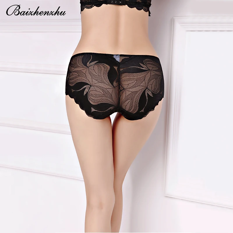Baizhenzhu 2018 New hots sale semi transparent sexy women briefs lace underwear plus size Middle waist panties for girls |