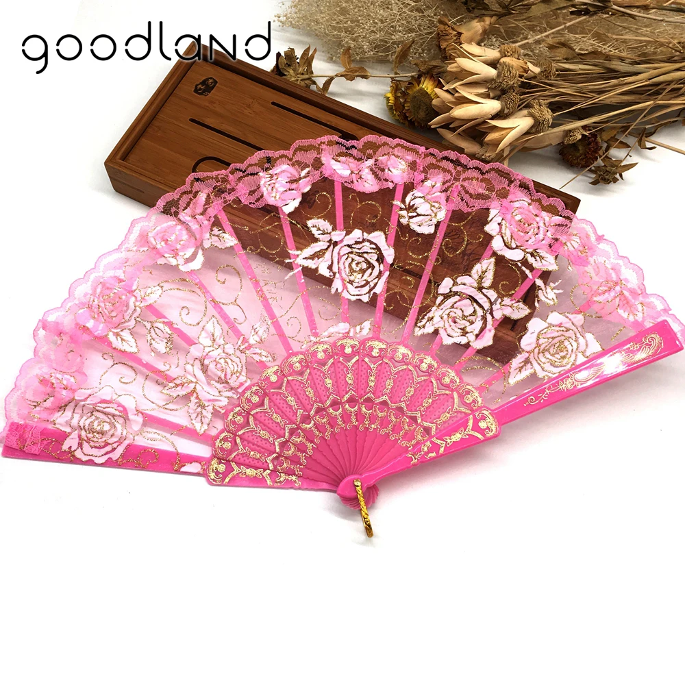 

Free Shipping 5pcs Lace Rose Flower Embroidered Folding Lace Hand Fan Wedding Dancing Hem Night Party Craft Supplies Happy Gifts