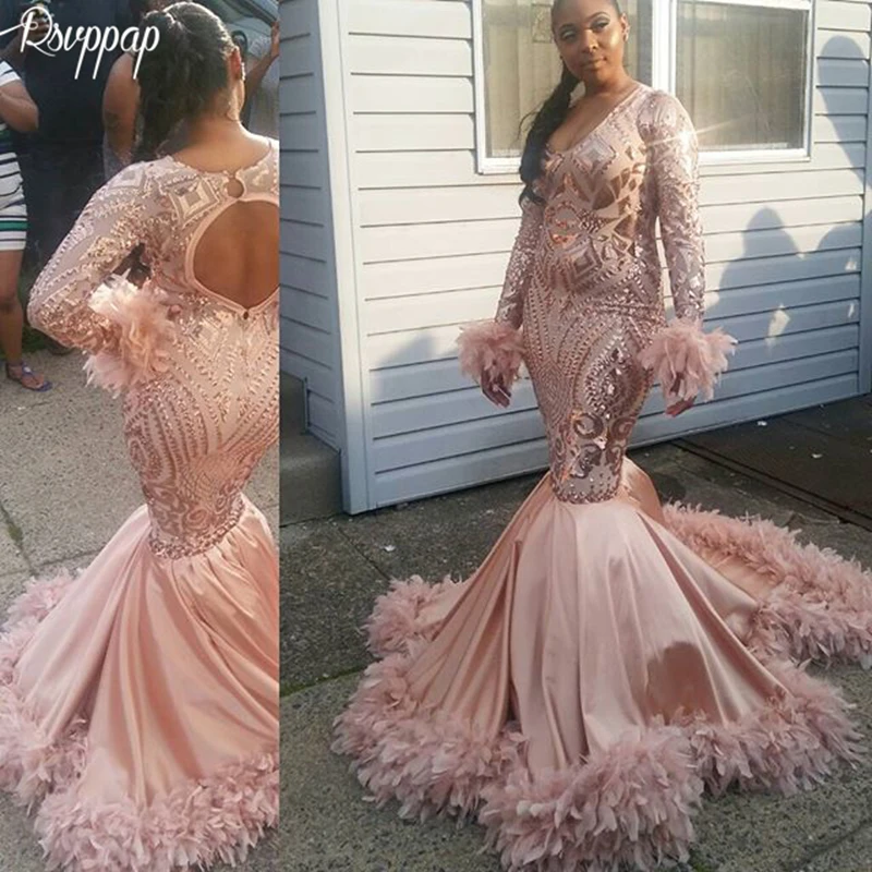 

Long Sparkly African Prom Dresses 2020 Elegant Mermaid V-neck Rose Gold Sequin Feather Women Backless Prom Dress