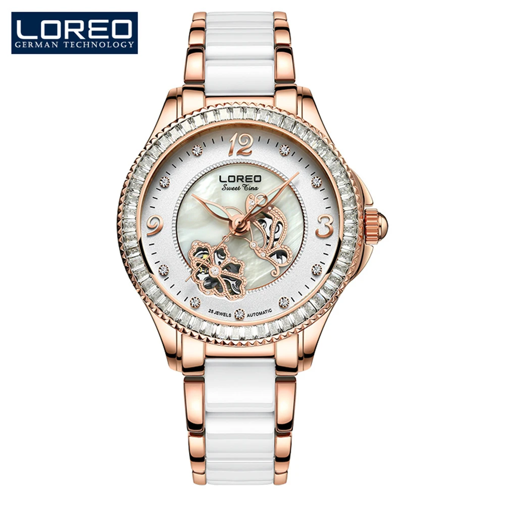 Skeleton Sapphire Crystal Women Mechanical Watch Luxury Brand LOREO Women Automatic Mechanical Watch Women Diamond Dress Watch