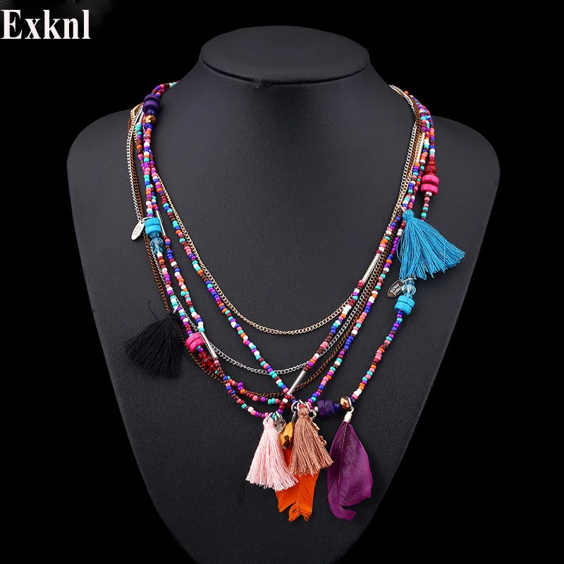 

Exknl Bohemian Multi Color Feather Necklaces Beads Tassel Maxi Long Ethnic Chain Jewelry Statement Necklace For Women Collare
