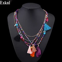exknl bohemian multi color feather necklaces beads tassel maxi long ethnic chain jewelry statement necklace for women collare