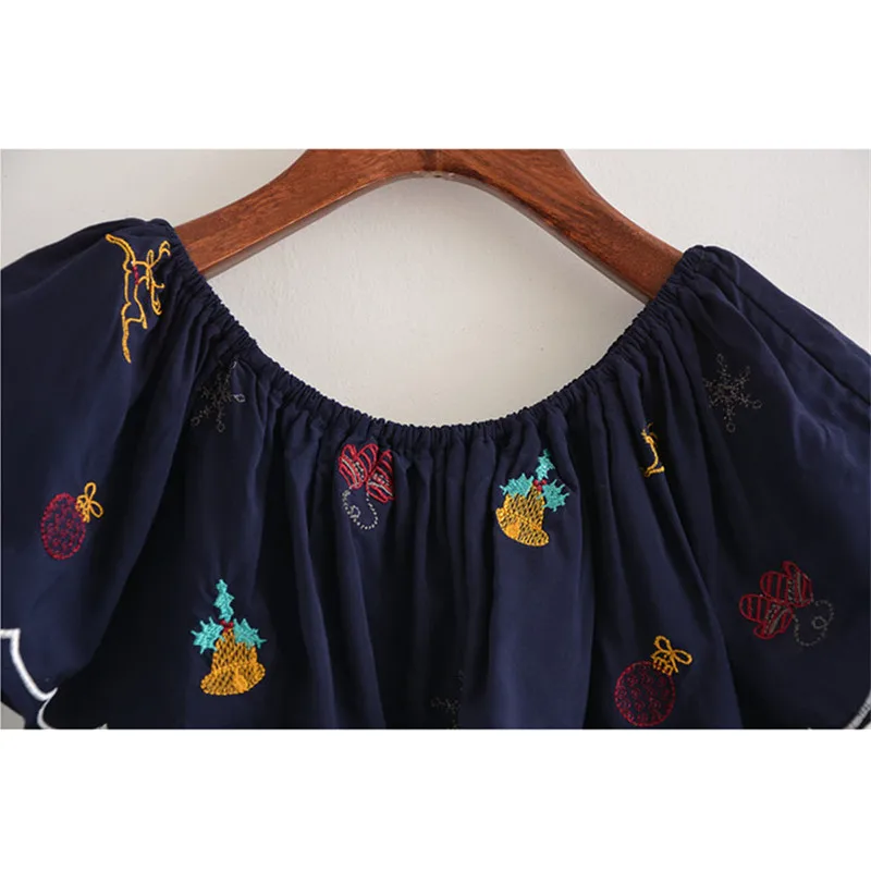 

Qiukichonson off shoulder tops ladies 2018 Summer Kawaii Girlish Embroidery Ruffle Blouse Baby Doll Waisted Peplum Tops Cropped