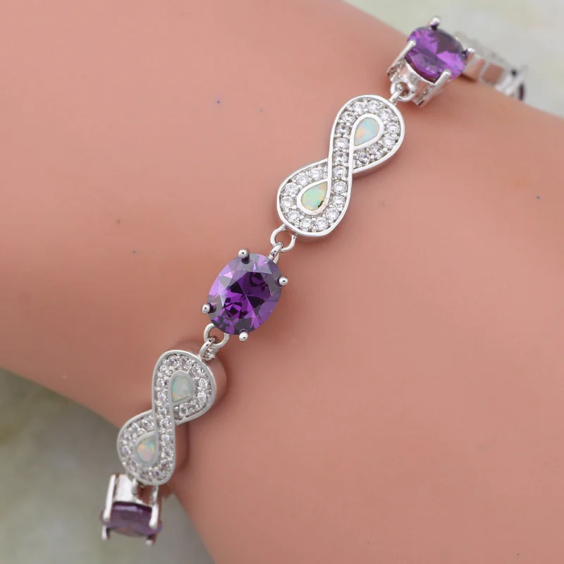

New Vintage Jewelry White Fire Opal Silver Color Overlay Purple Crystal Bracelets For Womens 185mm 7.28 Inch B145