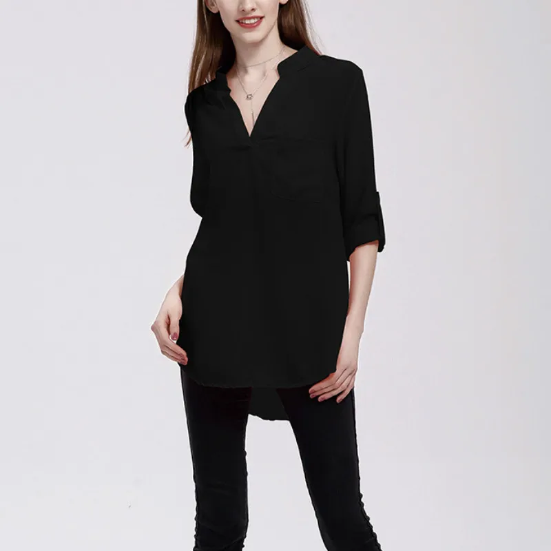 Женская блузка большого размера с v образным вырезом длинным рукавом карманом