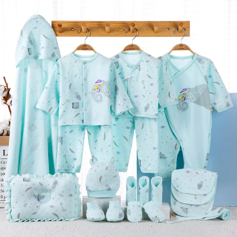 19 шт., комплект для малышей 0-6 лет, одежда для мальчиков и девочек, хлопок, забавный Комбинезон для маленьких мальчиков и девочек, шапочка, боди, комплекты одежды - Цвет: Aqua blue