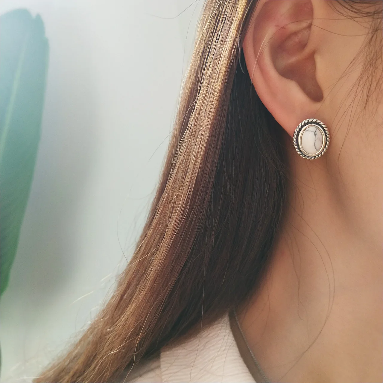 

overall 925 sterling silver minimalist wind elliptic white stone earring Real Silver earrings earrings personality