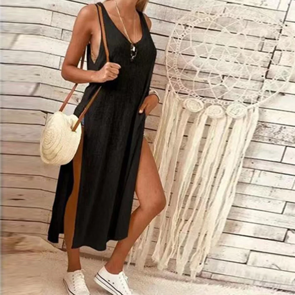 Летние выходные пляж дамы сексуальный Сплошной Цвет Ретро Круглый вырез без