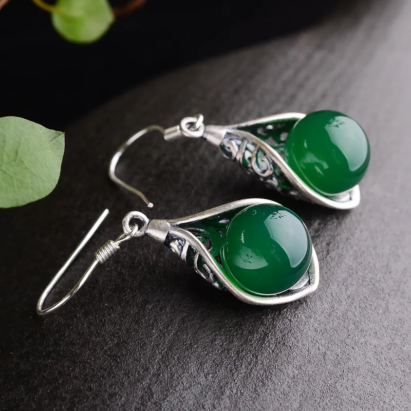 green 925 стерлингового серебра полые серьги инкрустированные гранатом Красный Зеленый Халцедон голубой песчаник дамы ретро серьги для страстных натур - Окраска металла: green