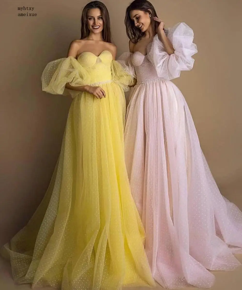 

Robe De Soiree Musulman Evening Dresses Long Elegant Off the Shoulder Tulle Formal Dress for Wedding Party with Beaded Belt