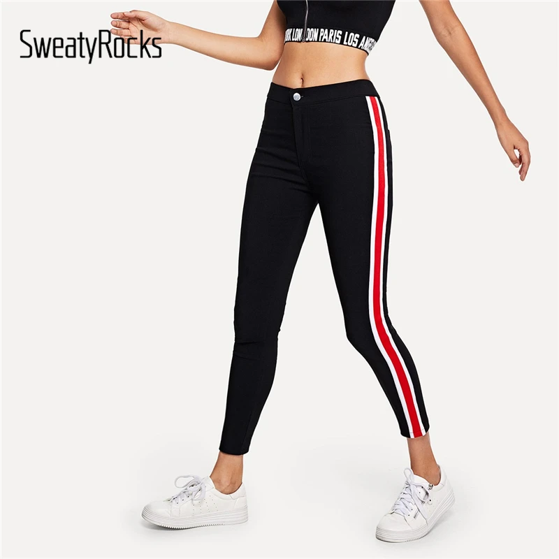 SweatyRocks, полосатые джинсы с лентой сбоку, уличная одежда, черные эластичные джинсовые штаны с высокой талией, весенние прямые женские обтягивающие джинсы