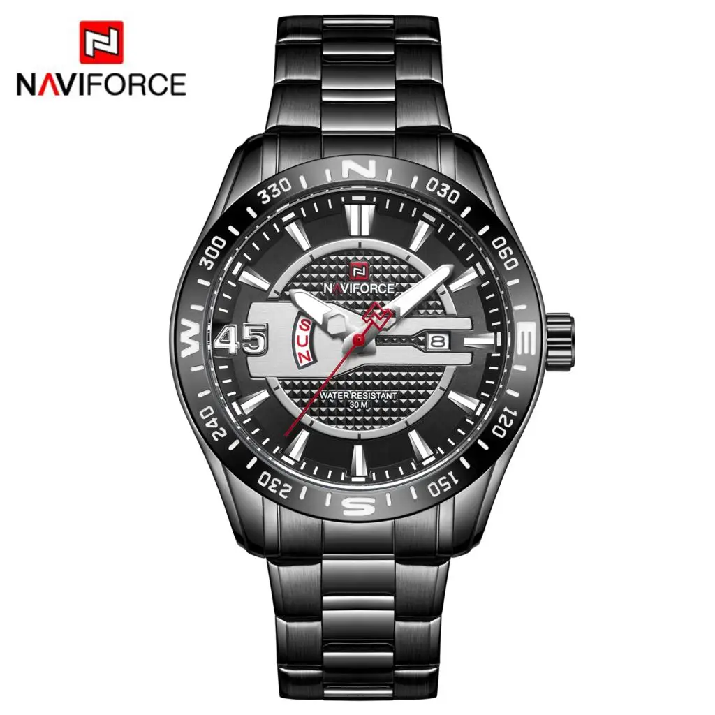 Черный NAVIFORCE Элитный бренд Для мужчин Нержавеющая сталь синий часы Для мужчин кварцевые часы человек спортивные Водонепроницаемый наручные часы Relogio Masculino - Цвет: Черный