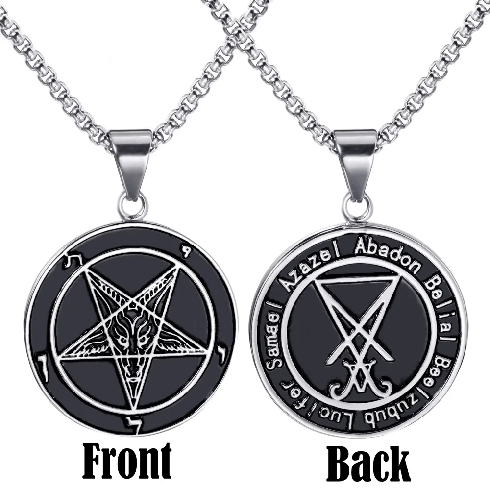 Для мужчин Нержавеющая сталь кулон ожерелье печатка сатаны sigil of Lucifer обе стороны Бафомет Коза дьявол с изображением перевернутой пентаграммы цепи