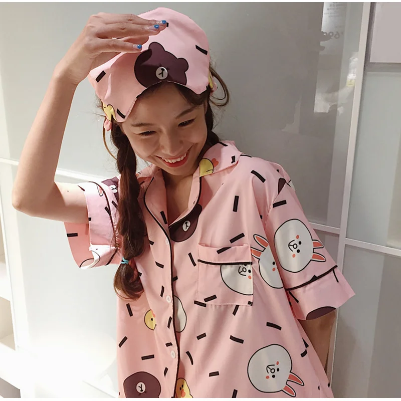 Pink 3 Kawaii принт комплект из двух предметов женские пижамы рубашка и шорты корейская мода свободные пижамы Женская повседневная домашняя одежда - Цвет: Pink 3
