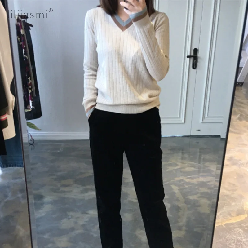 Модный женский пуловер с v-образным вырезом Цветной полосатый воротник шерсть и