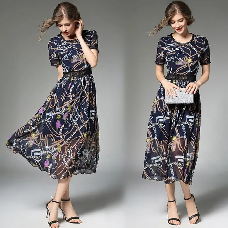 New Fashion Autumn Women Vintage Short Sleeve Dresses Lady Print Floral A line Party Dress 3020 | Женская одежда