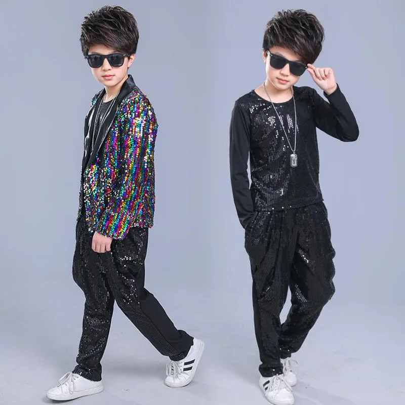 Kids Adult Sequined Pants Jacket Hip Hop Clothing Jazz Dance Costumes Suit Boys Carnival Stage wear Ballroom Dancing Outfits |