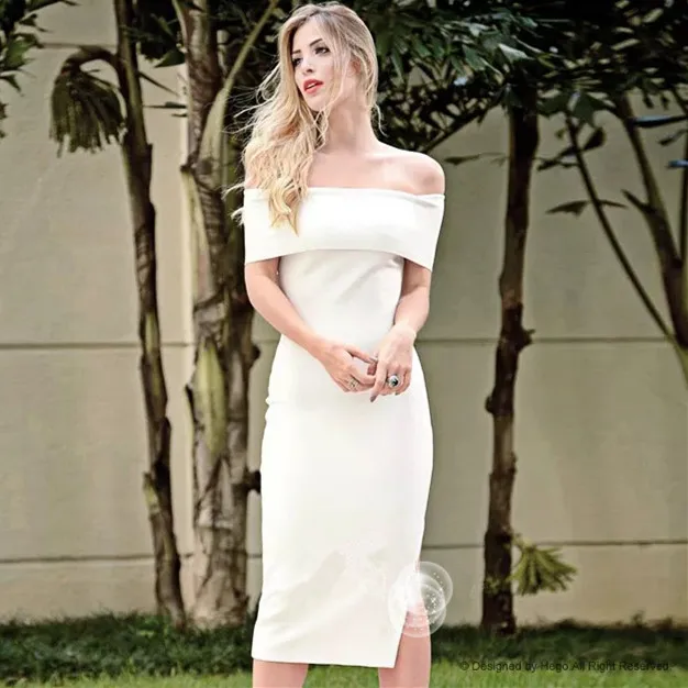 

High Quality Slash Neck Off The Shoulder White Sexy Open Fork Rayon Bandage Dress Fashion Cocktail Party Dress