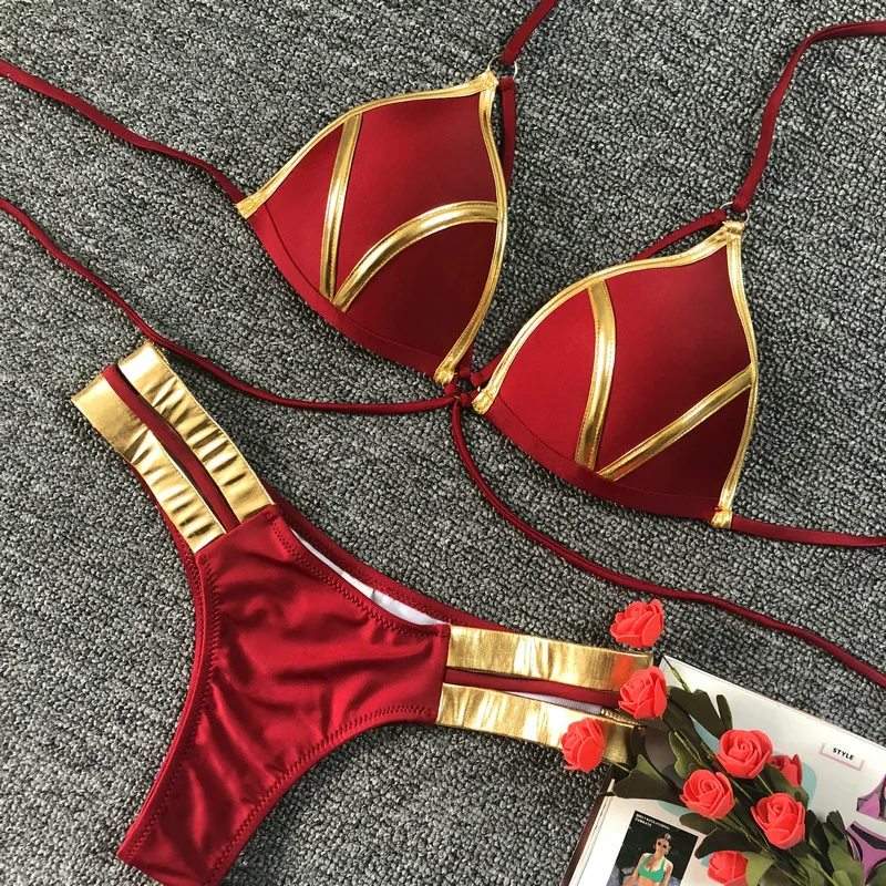 S21 Red Красный купальник, пуш-ап, купальник,, сексуальное бикини для женщин, Холтер, бикини, Мягкий купальник, Золотое Тиснение, Бразильский бикини, набор, стринги - Цвет: S21 Red