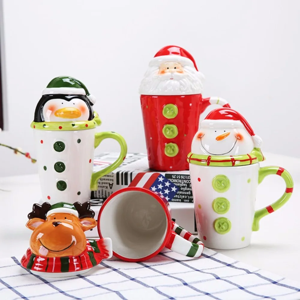 380ML Cute 3-Demensional Christmas Ceramics Mug Cup Milk Coffee Innovative Cartoon Pattern With Cover Drop Shipping | Дом и сад