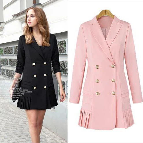 Queechalle Pink Black Long Blazer Coat Women Office Lady Workwear Double Breasted Notched Jacket Suit Women's Blazer|Женские