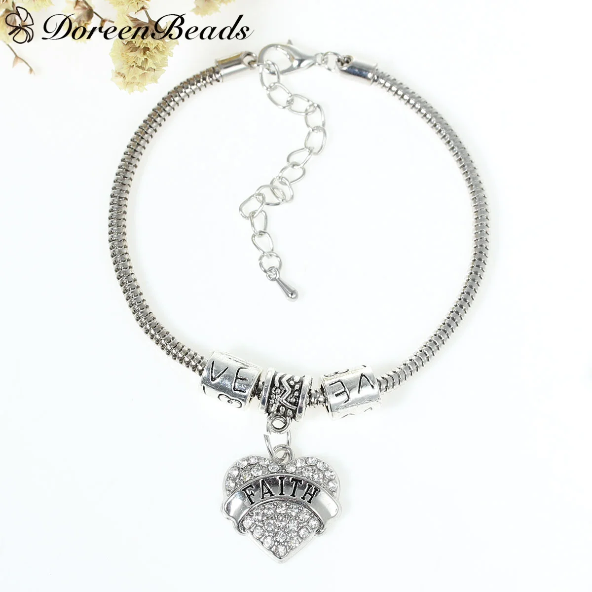 DoreenBeads European Snake Chain Charm Bracelets Heart Pendant Antique Silver Message &quotFAITH&quot &amp &quotLove&quot Carved 20cm long 1 PC |