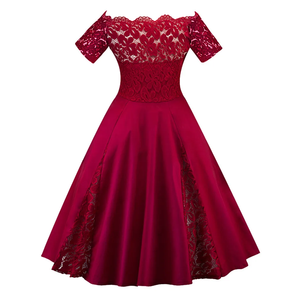 Fashion Women Plus Size Patchwork Short Sleeve Party Dress Lady pure color lace stitching sexy lace one-word shoulder dress 11.8