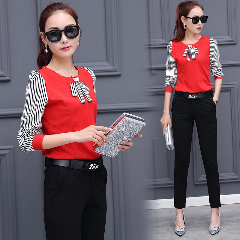 Хорошее шифон из двух частей 2017 одежда на осень новый корейский в полоску модный