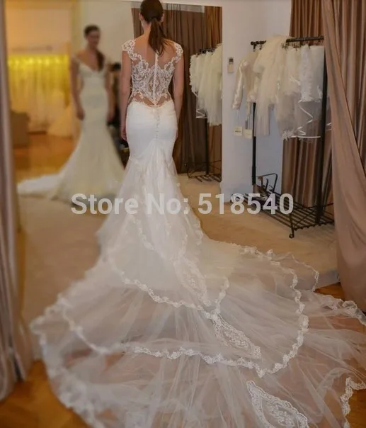 L-TD-15 Top Quality Sexy Slim Bridal Gown V-neck Cap Sleeve Vestidos De Noiva Long White Lace Mermaid Wedding Dresses 2014 | Свадьбы и