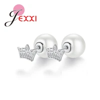 925 sterling silver round pearl stud earrings high quality for women bridal luxury crown shape jewelry wholesale