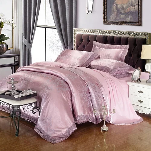Роскошный сатиновый жаккардовый Комплект постельного белья queen/king size, Комплект постельного белья золотого и серебряного цвета, 4 шт., хлопковый Шелковый кружевной пододеяльник, Комплект постельного белья - Цвет: 15