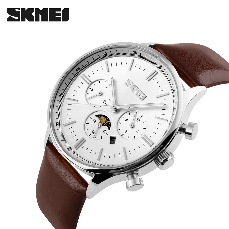 Фирменная новинка Мужские кварцевые часы Moon Phase Модные Аналоговые водостойкие наручные часы для делового мужчины кожа часы SKMEI 9117 - Цвет: black brown