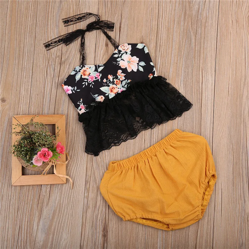 2017 г. Милая Одежда для новорожденных девочек кружевной жилет Топ + короткие штаны