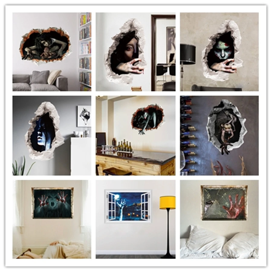 &amp Хэллоуин 3D стереоскопический женский призрак и рука ПВХ наклейки на стену