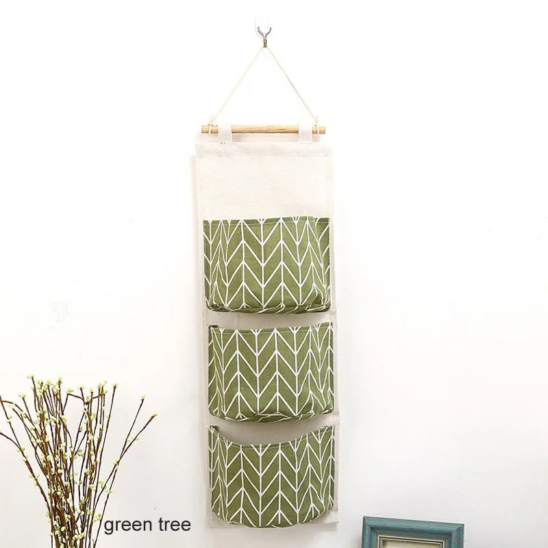 green tree Шкаф подвесные сумки настенные хлопковые льняные Висячие Сумки для хранения 3 кармана Фламинго узор настенные косметические игрушки Органайзер - Цвет: green tree