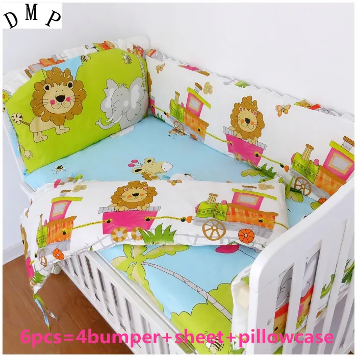 

6PCS Lion Baby Girl Bedding 100% Cotton Printed Crib Bedding Set Cot set бортики в кроватку (4bumper+sheet+pillow cover)