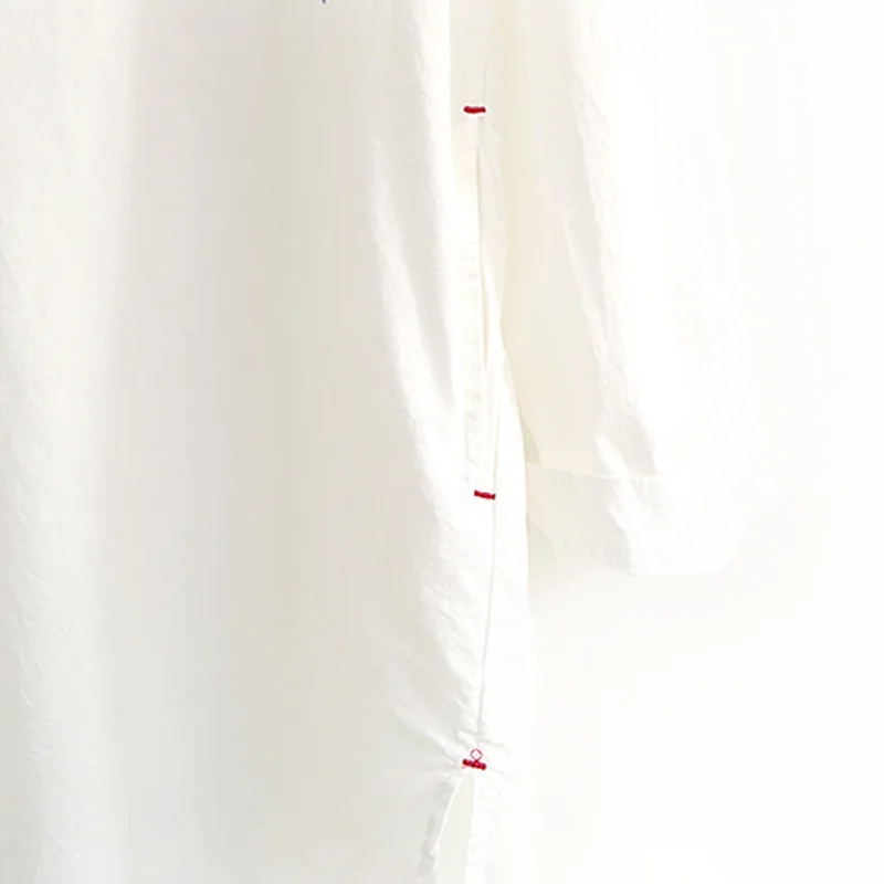 2017 Spring and Summer Fresh Women's Vintage Stand Collar Pullover Embroidery Branches Medium-long White Long-sleeve Shirt |