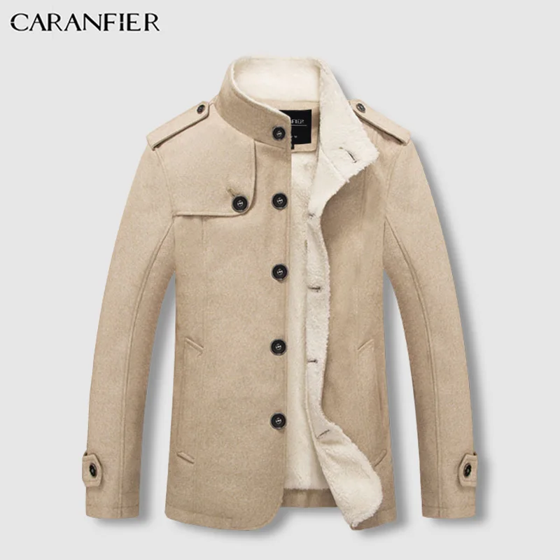 Хаки CARANFIER, Мужская зимняя теплая куртка, повседневная, плюс бархат, толстое мужское шерстяное пальто, модное, воротник-стойка, высокое качество, одежда для среднего возраста - Цвет: Хаки
