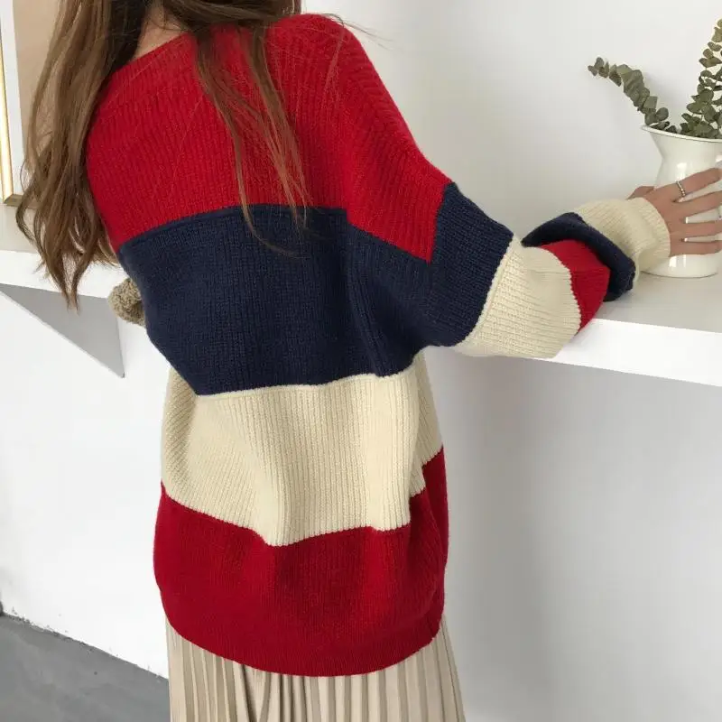 RUGOD 2018 Fashion Loose Christmas Sweater O-neck Striped Oversize Women Long Sleeve Casual Thick Knitted | Женская одежда