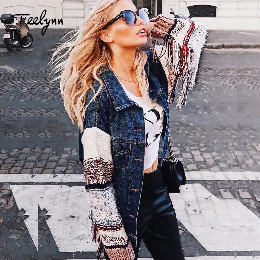 Женская хлопковая джинсовая куртка TEELYNN boho синяя шикарная комбинированная