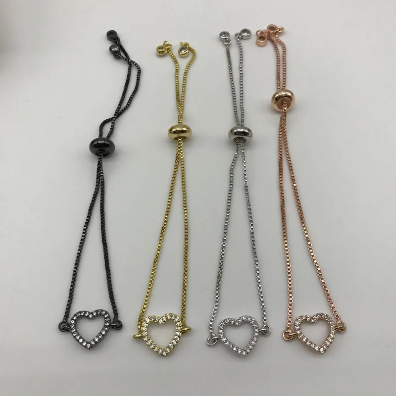 

5pcs/lot Micro Pave CZ Heart Shape Chain Adjustable Bracelet Pull Tie Heart Jewelry