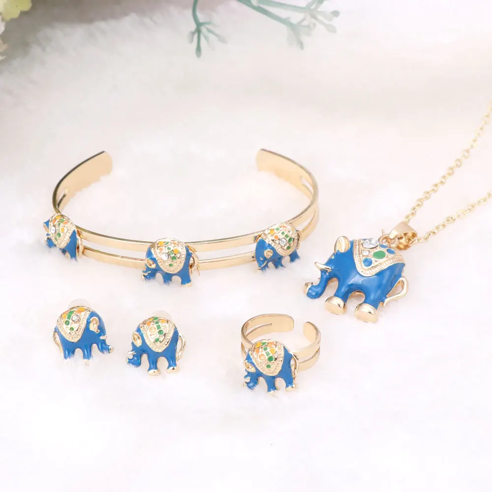 Золотой цвет Эмаль Кристалл Слон ожерелье браслет кольцо набор для детей костюм