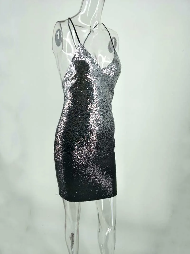 Hot Sale Spaghetti Strap Mini Dress Sequin Bandage Women Nightclub Shiny Backless Bodycon V Neck Vestidos S-XL | Женская одежда