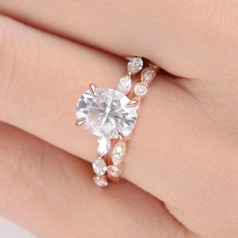18K розовое золото Moissanite свадебные наборы обручальное кольцо набор центр 1ct овальная огранка боковая маркиза обручальное кольцо женский деко вечность 2 шт